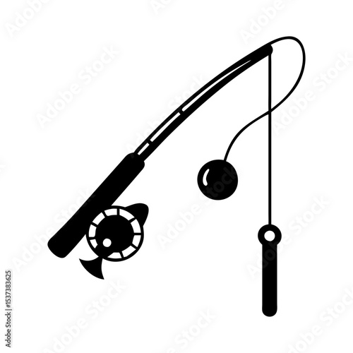 Stylized icon depicting a fishing rod, line, float, and tackle silhouette vector