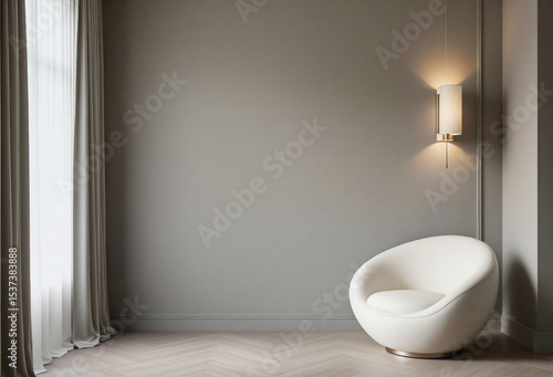 Modern gray room with white chair and wall lamp
