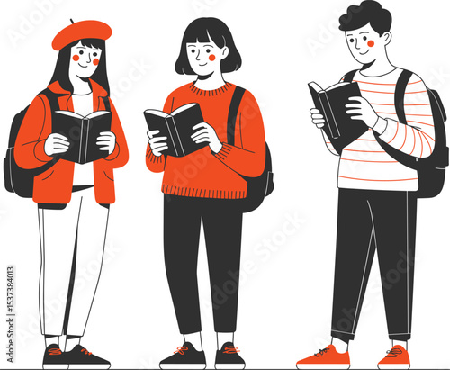 Group of students reading books outdoors in modern flat style illustration, people learning and enjoying in casual clothes with backpacks, digital art for education and study concept.