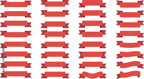 Collection of thirty two red banner ribbons in various shapes and styles on a white background