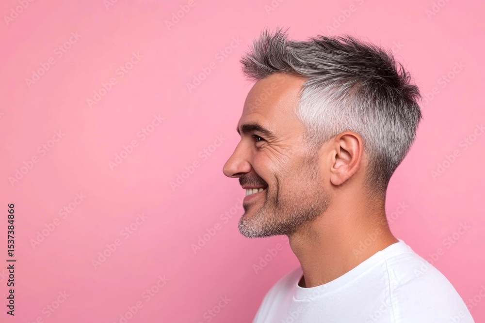 Obraz premium Chic men's spiky hair haircut - midlife arabian man with short hair. A stylish male making a statement. Pink solid background. Conceptual art visual concept art of style for aging men.