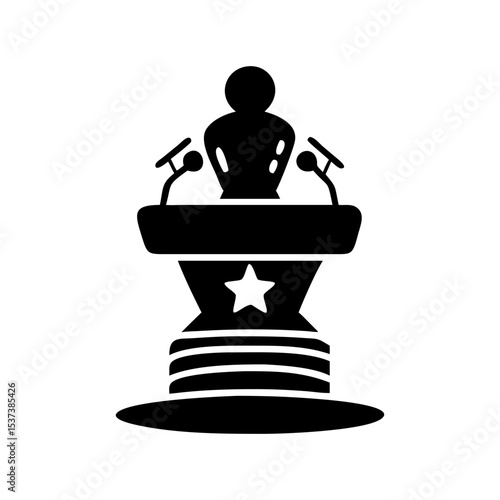 Silhouette of a person speaking at a podium with microphones at a conference silhouette vector