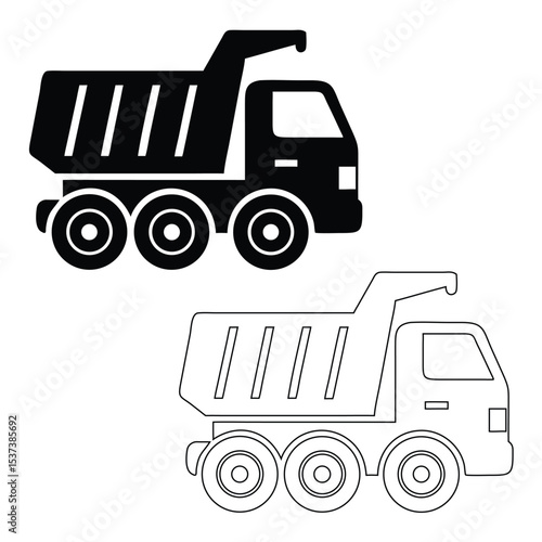 Vector illustration of a monochrome dump truck showing both filled and outlined designs