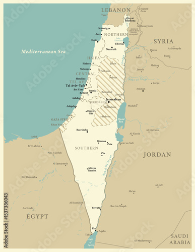 Israel - detailed map with administrative divisions and capitals of countries. Vector illustration