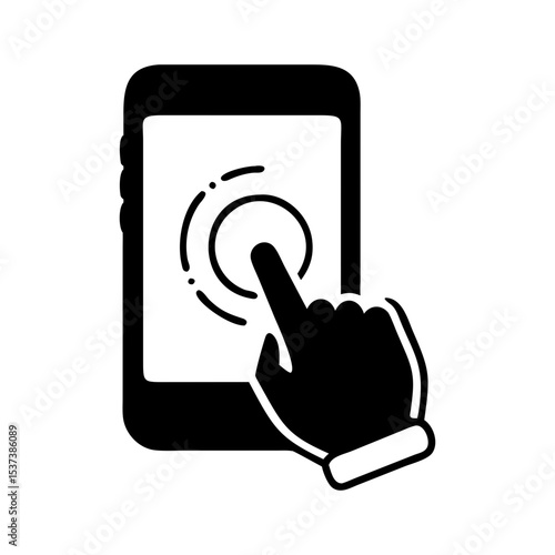 Finger touching a smartphone screen initiating action with circular visual feedback silhouette vector