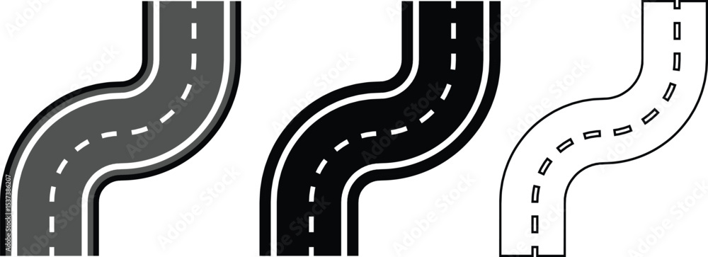 Fototapeta premium Roads and highways in perspective icon set. Road path with different bends. The road connects the cities road pieces in graphic style. Vector illustration collection isolated on transparent background