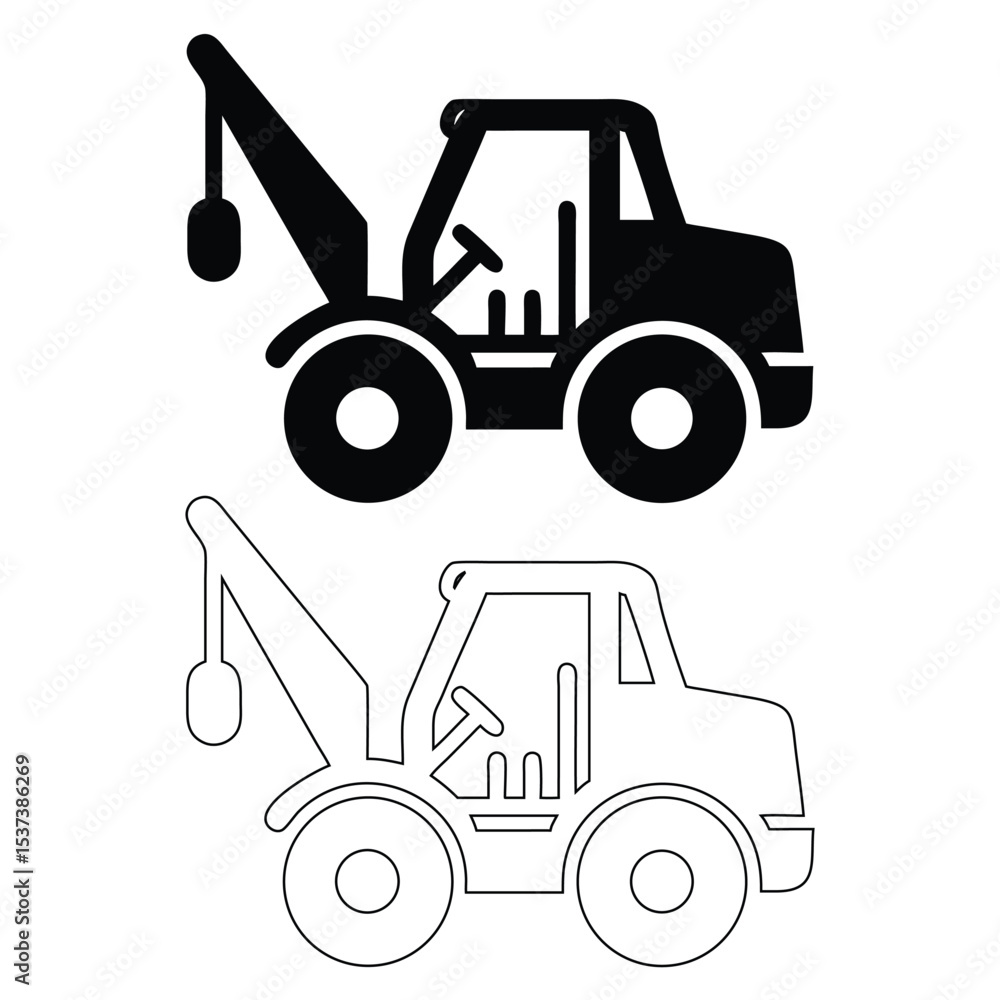 Fototapeta premium Vector illustration of two simple tow trucks one filled and one an outline version