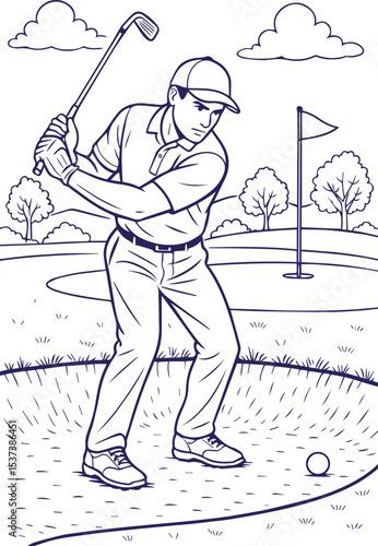 Male golfer preparing bunker shot near flag in line art style