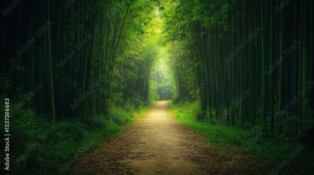 Fototapeta premium Serene path through a dense bamboo forest, sunlight filtering through the canopy, creating a mystical ambiance; soft focus enhances the ethereal feel