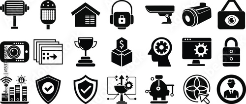 Surveillance icon pack for privacy monitoring password hacking alarm safety shield protection and secure system