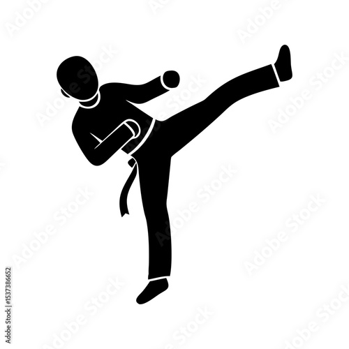Silhouette of a martial artist performing a kick in black and white silhouette vector