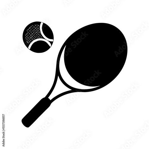 Graphic illustration of a tennis racket and ball in black and white silhouette vector