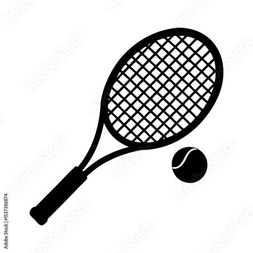 Tennis Racket and Ball Icon, Black and White Minimalist Sport Illustration silhouette vector