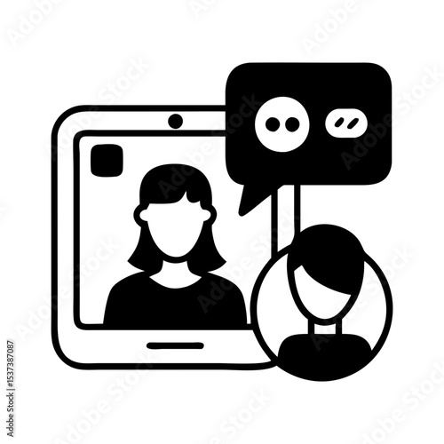 Teleconferencing video call with two people is depicted with speech bubbles silhouette vector