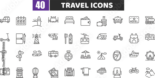 Travel Icons – 40 Vector Line Icons for Vacation, Adventure, Trip, Journey, Tourism and Navigation Design