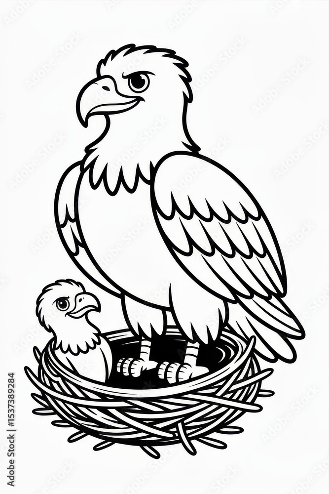 Fototapeta premium a cute line drawing of a happy eagle with its young in a nest Generative AI