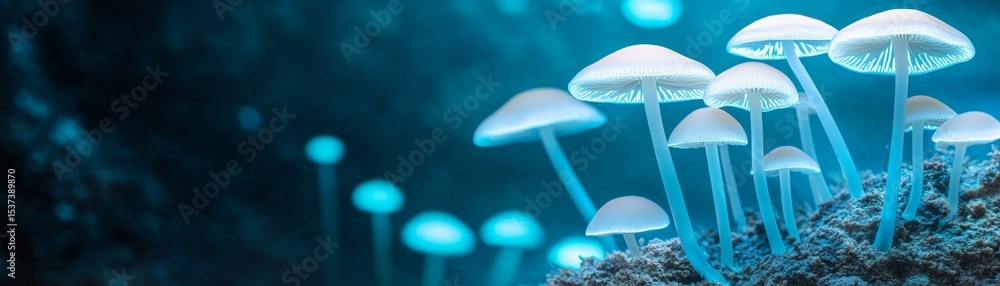 Fototapeta premium Glowing Mushrooms in Teal Forest, Nature, Fungi