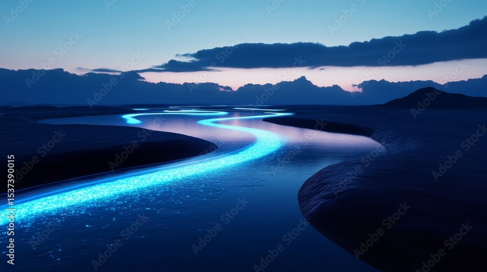 Fototapeta premium Glowing River at Dusk Serene Landscape with Light, Scenery, Nature