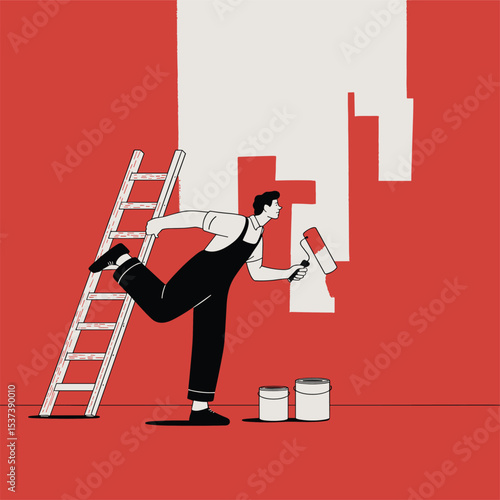 Vector illustration of man painting wall with roller, standing on ladder, home renovation concept, red background, minimalist style, interior improvement, DIY project scene