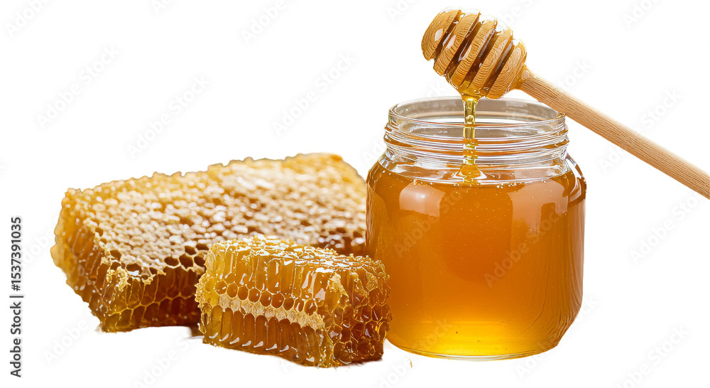 Natural Honey Jar with dipper and honeycombs isolated on transparent background, PNG Natural Honey Jar with dipper and honeycombs isolated on transparent background, PNG