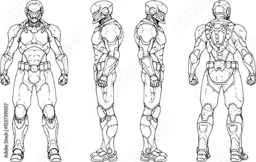 Illustration depicts the blueprint of an armored futuristic space soldier with a helmet and full body combat suit.