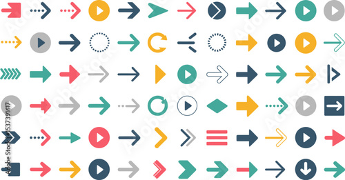 Various arrow icons in different styles and colors arranged on a white background pattern design