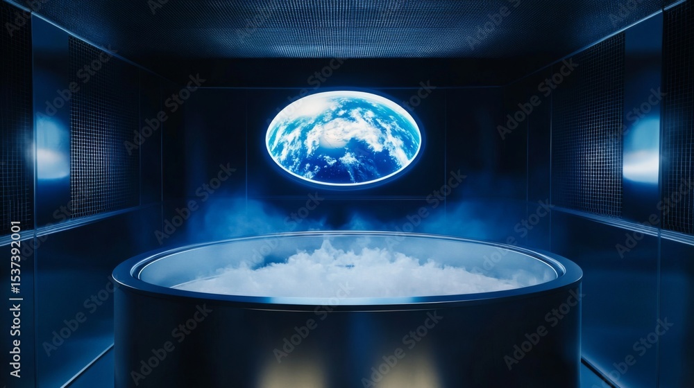 Fototapeta premium Spaceship interior. View on open space or planet. Futuristic sci-fi laboratory or corridor with neon light.