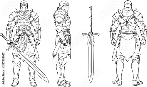 Detailed line drawing of a valiant knight in shining armor, wielding a great sword and displaying full battle gear