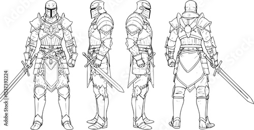 Detailed line art depicts a knight in full plate armor holding a sword, rendered in multiple perspectives for character design.