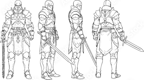 Armored knight character design showcased with detailed line art and multiple perspectives for game and illustration purposes.