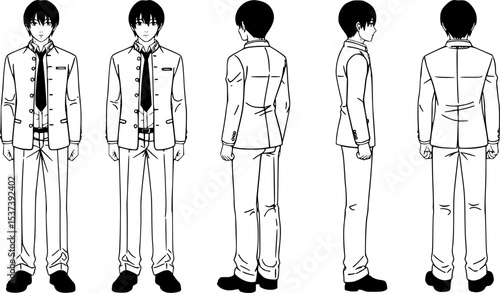 Detailed figure drawing presents a male character in uniform from multiple angles, showcasing the design of the outfit.