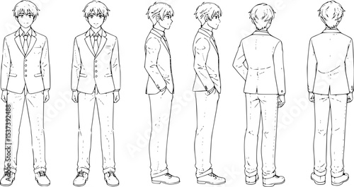 Elegant character design showcases a refined young man in a suit, a model sheet suitable for animation reference.