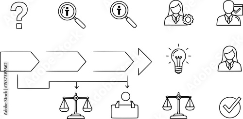 Flowchart icons present business process analysis and problem solving scenarios for process improvement and strategic development