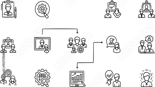 Recruitment process outline shows team building and candidate selection in a flowchart business concept diagram.