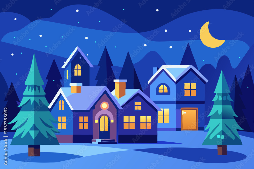 Fototapeta premium Christmas night village landscape with a snowy house and festive winter trees