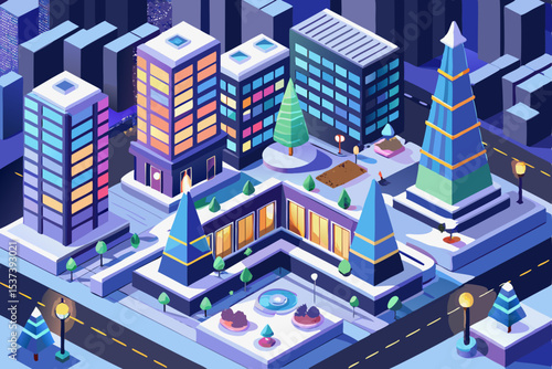 Isometric vector city illustration with urban buildings and factory on a street map