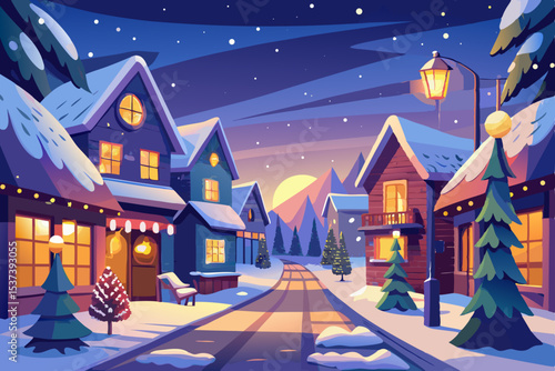 Christmas night in a snow-covered village with a festive tree, stars, and a cozy house illustration