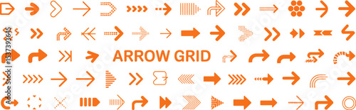 Collection of orange arrow icons in various styles arranged in a grid on a white background