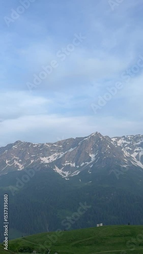Vertical video of a stunning Swiss mountain landscape captured in mobile format. The footage showcases lush green meadows stretching across the foreground, with majestic alpine peaks