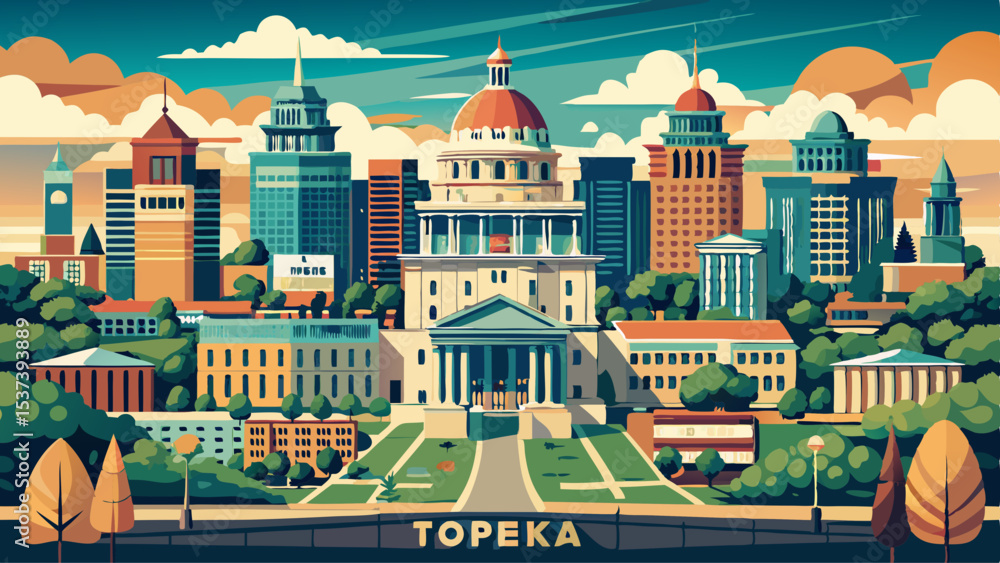 Fototapeta premium Aerial panorama of Topeka and Kansas State Capitol. Topeka is the capital city of the U.S. state of Kansas and the county seat of Shawnee County. Very beautiful