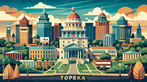 Aerial panorama of Topeka and Kansas State Capitol. Topeka is the capital city of the U.S. state of Kansas and the county seat of Shawnee County. Very beautiful