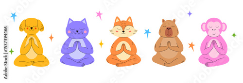 Set of cute animals  in a meditative pose  on  white background.