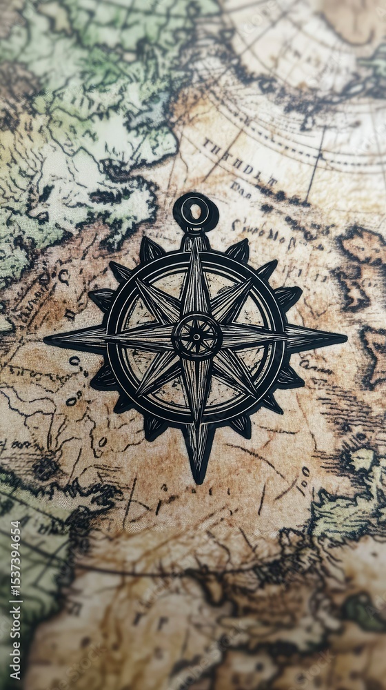 Naklejka premium Compass rose sticker with chibi map in background