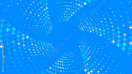 Background with a swirling pattern of white and teal plus signs radiating from  central area.
