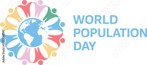 World population day graphic featuring a globe surrounded by diverse people silhouettes design