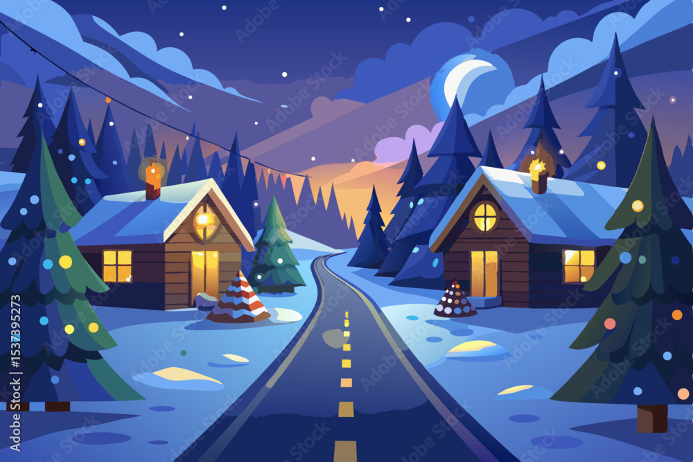 Fototapeta premium Christmas night winter village landscape with snowy houses, trees, and a moonlit sky