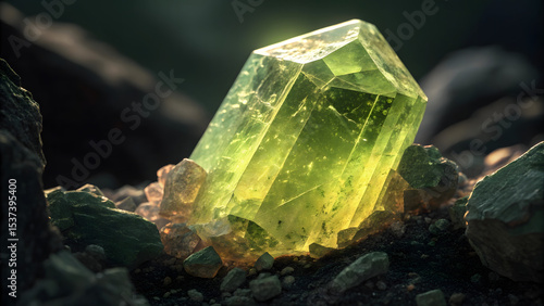 Glowing Green Crystal Mineral on Rocky Surface – Close-Up of Natural Gemstone or Uranium Ore

