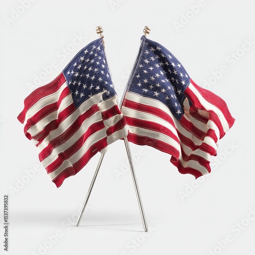 Two US flags isolated on white background, vector illustration. USA flag on pole.