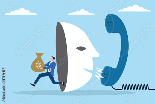 Vector illustration of a businessman escaping after swindling money through a fraudulent phone call, illustrating deceit, fraud, and the darker side of business practices
