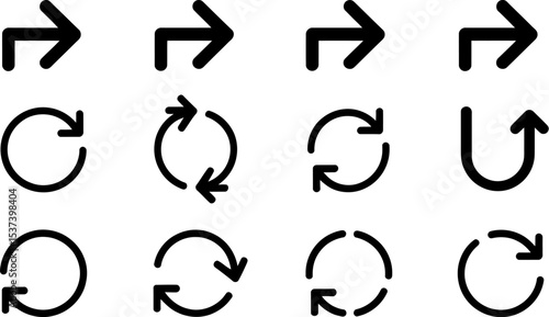 Illustration of twelve black arrows pointing right and in circular directions on white background